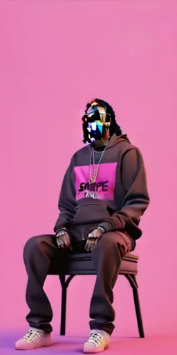 rapper Snoop dogg sitting. a chair. pink houses, pink sky, pink smoke, wide angle