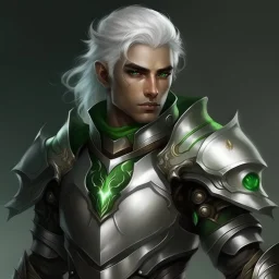 Please create an image for a young elven male with light brown skin, silver hair, and green eyes. He is wearing leather armor and is accompanied by a metallic robot