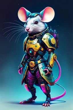 Ilustración lineal estilo Gibli de un ratón con armadura cyberpunk, full body, hiperdetallada, increíble obra de arte, colores complementarios, maximalista