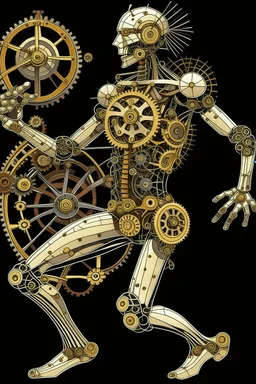 mechanical man dancing detailed cogs and screws leonardo da vinci style detail STYLE OF Hiroshi Nagai