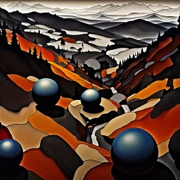 Spooky detailed landscape, strong texture, extreme detail, high contrast, rich colours, Egon Schiele, spheres, 3d, 4k