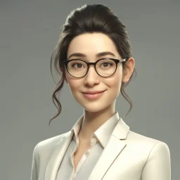 a portrait of smiling woman wearing ivory blazer with white shirt inside. long black hair, messy hair. light skin. black eye pupils. big nose. pear face shape. wearing small white rectangle glasses. thick eyebrow. pixar style. 3D. 4k. portrait. highly detailed. sharp focus. high resolution. full color. cinema lighting