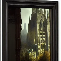 View from hill, Neogothic architecture,by Jeremy mann, point perspective,intricate detail