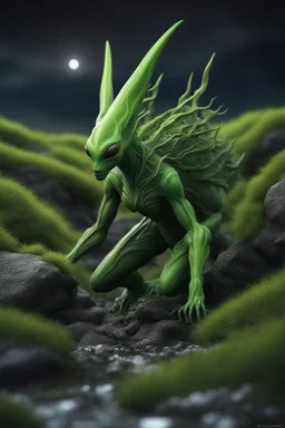 Shaped Green alien Creature With Bones Grass Branches Leaves Mud And Rock Surrounded By Mythical Summits At Night, Volumetric, Impressive, Unforgettable, Master Piece,, 3D Effect, Photorealism, Epic Art,,, Hyper Realistic , Miki Asai Macro Photography, Close-Up, Hyper Detailed, Trending On Artstation, Sharp Focus, Studio Photo, Intricate Details, Highly Detailed, By Greg Rutkowski