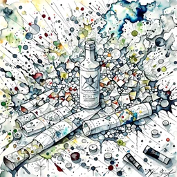 Design an asymmetrical balnced watercolour composition of clusters of watercolor drug paraphernalia, such as rolled dollar bills and razor blades, arranged amidst chaotic brushstrokes and splatters, symbolizing the destructive and dangerous world of illicit drug use.