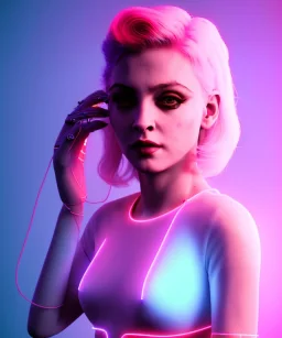 Artist, young madonna, android woman, sweet, blonde, white skin, long eyeliner, contour make-up, color leds lights, short hair, circuits, cyberpunk, latex coat, feather, cyber punk, neon, cables, portrait, studio photo, unreal engine 5, soft color, 16 bit, god lights, ray tracing, RTX, lumen lighting, ultra deatail, volumetric lighting, 3d, finely drawn, hd.