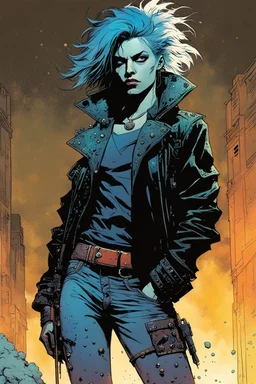 create a hardened punk biker girl in the comic book art style of Mike Mignola, Bill Sienkiewicz and Jean Giraud Moebius, , highly detailed,, grainy, gritty textures, , dramatic natural lighting