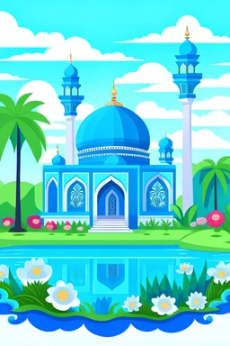 tolong buatkan gambar masjid berwarna biru di sampingnya ada sungai dan pohon kelapa, ada taman bunga di depannya