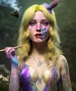 Ultra realistic wonderland photo, happy blonde woman smoking a shisha, blue dress, big purple-cat friend, circus dress style, old school tattoo, smoke, marijuana garden, glow eyes, perfect iris, soft color, highly detailed, unreal engine 5, cinematic, ultra detail, volumetric lighting, high definition.