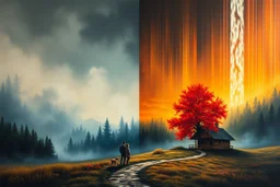A cinematic atmospheric oil painting landscape dramatically split between cool misty blue-gray tones on the left and warm golden-orange sunset hues on the right. A vibrant red tree blazes like flames against the dramatic sky on the right side. Cascading vertical color streaks create a surreal waterfall effect throughout the composition. Two human figures a man and a woman and a dog walk intimately side-by-side along a winding path in the foreground. A rustic wooden cabin sits