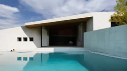 This image showcases a modern architectural style house with a minimalist design. The layout features clean, angular lines and a flat roof. The exterior walls are made of light-colored concrete, and there are three small square windows on the left side. The house has a large open space that leads to a pool with clear blue water in the foreground, where a few people are swimming and enjoying themselves. The pool area is surrounded by a concrete wall on the right. The sky is partly cloudy, adding