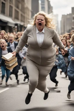 an obese terrified blonde woman crying and sobbing in a pant suit desperately running away from an angry mob of thousands of kids chase her down a city street while holding books