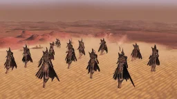 desert, highly detailed, comic style warriors from behind, in the background far away a highly detailed cdesert city