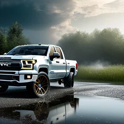 photorealistic shot, Toy R C truck, monotone color palette, sharp focus, puddle reflection, tire water splash, refraction, mist on the horizon, shadowcast, detailed and intricate, cinematic composition