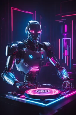 Cyborg robot playing turntable dj pleyer in a dark neon room