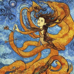 A smiling witch with a beautiful face and full and detailed details performing magic of water, fire, wind and earth with a wooden and crystal wand shining in various colors with a background of large and beautiful dragons flying in an azure sky with A background of a large snake with many heads, in full detail, Ismailoglu, Van Gogh, post-apocalyptic, fantasy, imaginary, 8k, 16k,