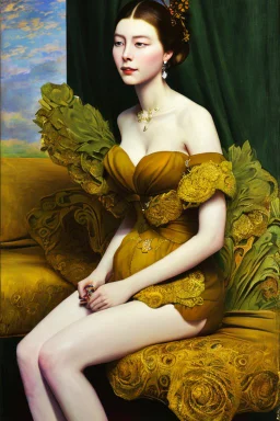 painting of a woman sitting on a bed, inspired by Dorothea Tanning, by Jang Seung-eop, art style by B Eugene Ellison, Heather