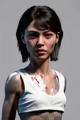 Ultra Realistic image, 25 years old brunette woman, Madrid, portrait, small stature, small chest, yakuza body tattoo, white broken cotton short undershirt, vibrant color, highly detailed, art stations, concept art, smooth, unreal engine 5, god rays, ray tracing, RTX, lumen lighting, ultra detail, volumetric lighting.