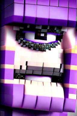 a close-up portrait of a purple Minecraft face, lipstick and eyelashes, 3d, large pixel style