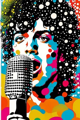 colorful Illustration of a michael jackson microphone in hand and looking at the camera. Polka dots in the background. by munch