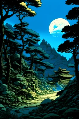 Night time Japanese landscape comic book style tales from the crypt hayao miyazaki