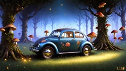 Create an image of a vintage Volkswagen Beetle parked in the heart of an enchanted forest, surrounded by towering trees with glowing mushrooms and vines wrapped around their trunks. The car is painted in a metallic blue hue with intricate, hand-painted floral patterns in shades of gold and copper. In the background, incorporate a subtle gradient of pale blue and purple hues to evoke a sense of mystique and wonder. The air should be filled with sparkling fireflies, adding to the whimsical atmosph