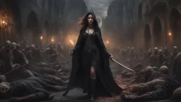 a magical female sorcerer in black cloth leading an army of rotting zombies through a burning medieval city. apocalypse. magic. fantasy setting. blood. intense horror. blind terror. scared to death. a masterpiece, fantasy concept art, dynamic lighting, hyperdetailed, intricately detailed, deep color, Unreal Engine, volumetric lighting, Epic cinematic brilliant stunning intricate meticulously detailed dramatic atmospheric maximalist digital matte painting