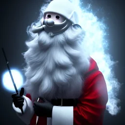 All Black Santa, ghost, wearing high tech mask, white smoke, dark, rage, high definition, ultra 8 k, volumetric lighting, blue fire, fog red rain