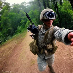 american soldier in vietnam taking a selfie with a gopro while running from combat