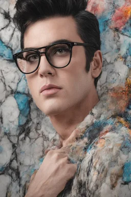 Elvis Presley, Lucy Hale Hybrid, thick, black framed, dark tinted, cat-eye eyeglasses, 4k UHD, photorealistic, bright, extremely colorful, multicolored, foggy, gradated marble wall background, extremely detailed skin texture,