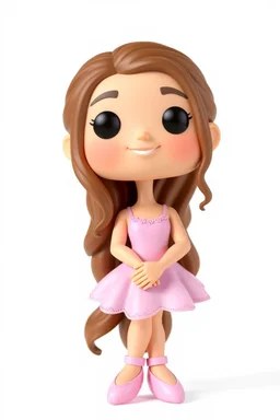 Funko figure of a very young female, smiling, long wavy soft brown hair, wearing a ballerina dress, pink dress, ballet, very cute, ballet pose,. typography, 3D render. White background