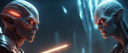 Close-up confrontation between an ancient alien outcast leader and a space broker, standing only a meter apart, intense eye contact, glowing crystalline rod between them, anger mixed with sadness, dramatic facial expressions, shallow depth of field, cinematic lighting, stylized 3D anime, airbrush painting, crisp outlines