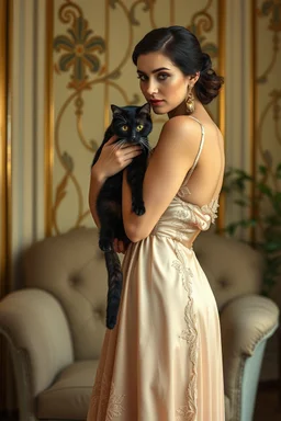 photo, whole body of a beautiful art deco woman with a cat in silk and lace dress in an art deco room