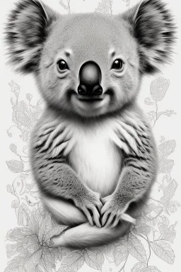 A delightful coloring page design showcasing an adorable baby koala in a charmingly naive art style. The artist has skillfully created a whimsical scene with minimal details and a focus on bold, thick black outlines. The endearing fox, prominently positioned in the center, is the highlight of this illustration. The all-white background beautifully complements the simplistic design, allowing young artists to unleash their creativity. As the baby fox takes center stage, a subtle hint of its