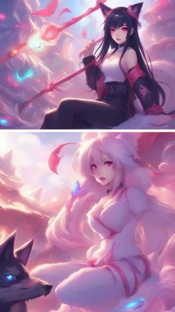 A close hot picture of Ahri with black hair and Clothes and nine Sia with neon glowing in fantasy world