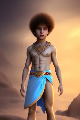 beautiful 12 year old arabic boy with curly hair and light blue eyes dressed in loincloth