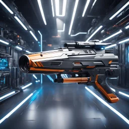 futuristic space gun inside a high tech armory: arrows