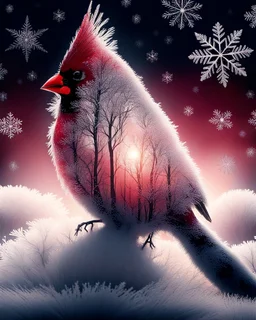 Create the silhouette of a cardinal in containing Double Exposure, a frosted berry woodland at sunrise; delicate branches form feather patterns, soft crimson highlights against snow-white textures, refined Christmas elegance. Background is black with many large snowflakes.