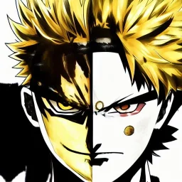 Detailed anime portrait of bakugo from my hero academia, gold hair and golden eyes, black suit, intricate details, full body portrait, keep head in frame, slight smile, black Japanese motif, concept art, highly detailed, digital painting, concept art, sharp focus, illustration, art by Yoji Shinkawa, WLOP and greg rutkowski and alphonse mucha and artgerm and yanjun Chen and Junji ito and Makoto Shinkai, HDR, octane render