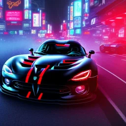 realistic black dodge viper; in an alternate universe in tokyo; cyberpunk; rain; neon signs