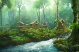 rainforest with a serene creek, no huts