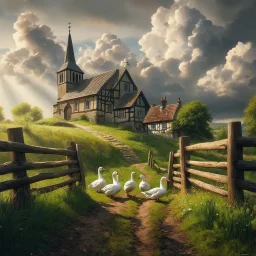 Prompt: create a realistic image: "A picturesque, rural village with an old church and a traditional half-timbered house on a gentle hill. The scene features a rustic wooden fence in the foreground framing a green meadow with white geese. The sky is dramatic with large, white clouds, and rays of sunlight break through to bathe the landscape in a warm glow. The path leading to the church and house is interspersed with grass and earth, giving the scene an idyllic and nostalgic atmosphere. Style in