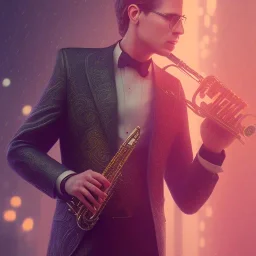 portrait of peter dobson playing saxophone, blade runner, low key lighting, volumetric light, digital art, highly detailed, fine detail, intricate, ornate, complex, octane render, unreal engine, photorealistic