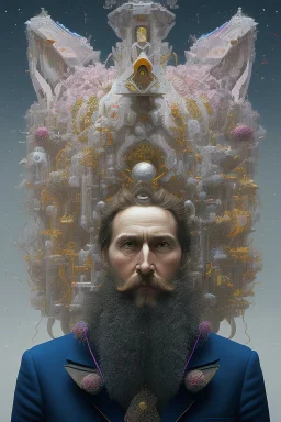 poetical, surreal minimalistic artwork, a 40 years old man with a huge beard filled with coloured musical notes, side light, side view, photorealistic, in the style of Max Ernst, Renè Magritte,