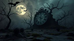 surreal dreamlike scene, nightmare on eart and in sky, midnight in the garden of death, some small black prickly balls on the earth and on sky, mystic gloomy, surreal dark shadows and pale light, stones, cracked eart, dark winter-like vibe, dark weird shapes floatings ,come strom , dark green moss, weird tall dark musroom, bats on sky, branch on eart,deep dark colors, dark twisting tendrils around big clock ,Clock Midnight, wind, fog, detailed, cinematic, Unity R