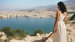 [photo by Russ Meyer] close to the old town of Nazareth, a view on the Lake of Genesareth. a young woman in linen dress, she has her wooden rod she looks at the people down around the shore