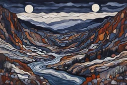 a dramatic painting of a lush Pacific Northwest river canyon landscape under a pale winter moon, in the Art Brut style of Jean Dubuffet, rich natural colors, museum quality masterpiece