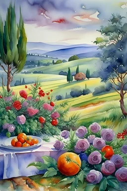 watercolor ,still life with rozes and fruits,El anochecer despues de un dia lluvioso en un campo serrano de flores de lavanda, maTny colors, detailed, colorize, white background a hills, surrounded by green cypress trees and blooming fields.