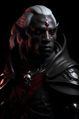 dnd character art of a drow artificer. high resolution cgi, 4k, ears, dark-charcoal-gray skin, unreal engine 6, high detail, cinematic, male, white hair, red eyes.