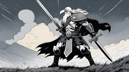 [comics Head Lopper style by Andrew MacLean] facing bone helm: a flail in one hand, a broadsword in the other hand on the top of a hill, under the storm